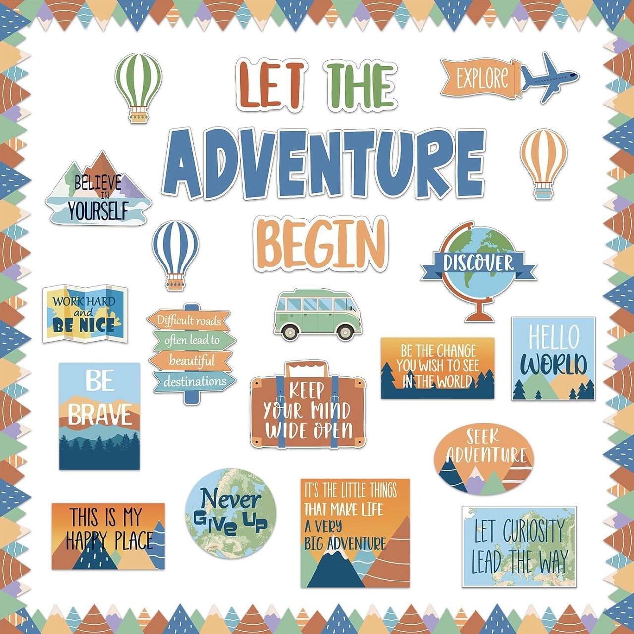 Let the Adventure Begin Bulletin Board Set - Travel Themed Motivational Classroom Decor - World Map & Globe Cutouts for Teachers, Back to School Adventure Wall Decor & Library Displays